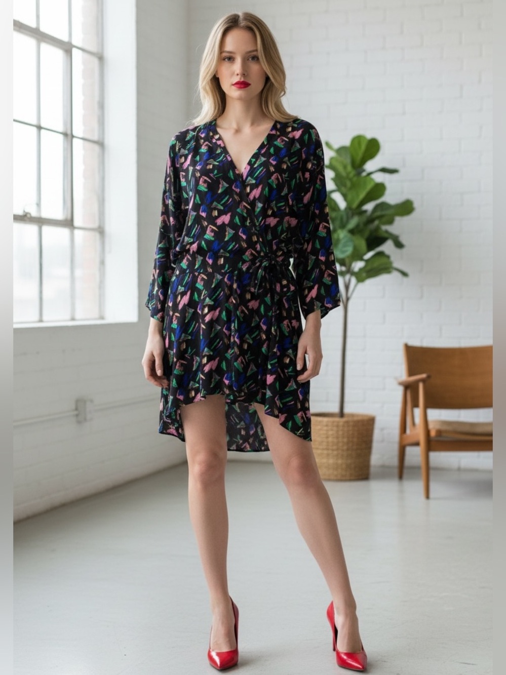 Louis Vuitton Black High-Low Dress with Multicolor Abstract Print